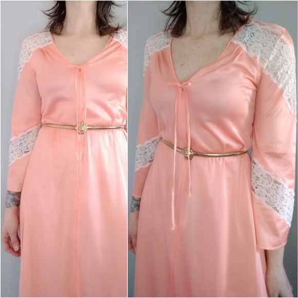 Vintage Other - Vintage 70s 80s Coral Lingerie Nightgown Small Mumu Maxi Dress Bell Sleeve